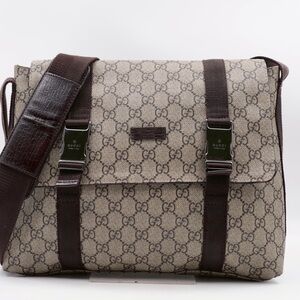 Gucci Double Buckle GG Messenger  Bag with Brown Trim